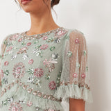Maya Sage Green Embellished Short Sleeve Spot Mesh Maxi Dress