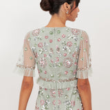 Maya Sage Green Embellished Short Sleeve Spot Mesh Maxi Dress