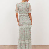Maya Sage Green Embellished Short Sleeve Spot Mesh Maxi Dress