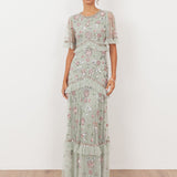 Maya Sage Green Embellished Short Sleeve Spot Mesh Maxi Dress