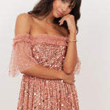 Maya Terracotta Pink Embellished Bardot Midaxi Dress