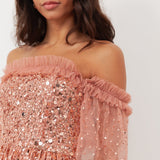 Maya Terracotta Pink Embellished Bardot Midaxi Dress