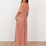 Maya Terracotta Pink Embellished Bardot Midaxi Dress