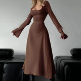 ERIN™ - Sophisticated Lace-Up Tie Back Flounce Sleeve A-Line Long Dress
