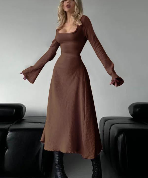 ERIN™ - Sophisticated Lace-Up Tie Back Flounce Sleeve A-Line Long Dress