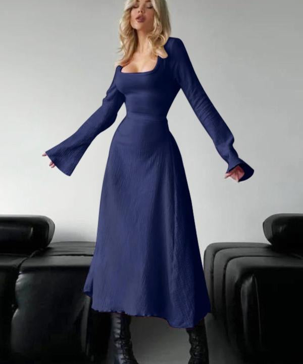 ERIN™ - Sophisticated Lace-Up Tie Back Flounce Sleeve A-Line Long Dress