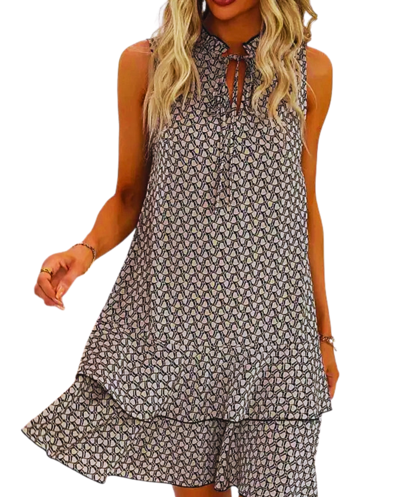 DORA™ - Women’s Geometric Print Bow Dress Casual Fitted Woven Dress with Multi-Layer Cake Skirt