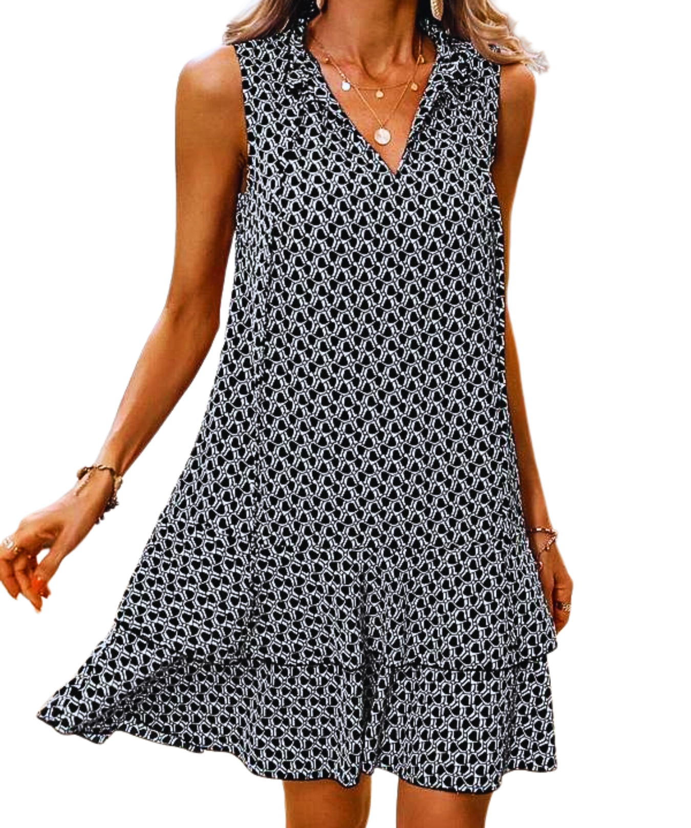 DORA™ - Women’s Geometric Print Bow Dress Casual Fitted Woven Dress with Multi-Layer Cake Skirt