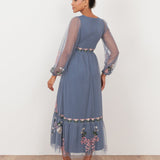 Maya Infinity Blue Embroidered Faux Wrap Maxi Sleeve Midaxi Dress