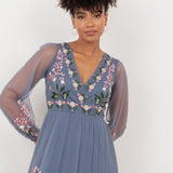 Maya Infinity Blue Embroidered Faux Wrap Maxi Sleeve Midaxi Dress
