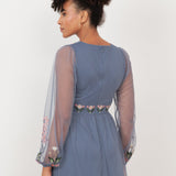 Maya Infinity Blue Embroidered Faux Wrap Maxi Sleeve Midaxi Dress