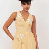 Maya Buttercream Floral Embellished V Neck Midaxi Dress with Split