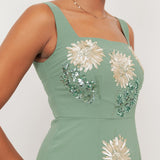 Maya Dark Sage Green Floral Embellished Square Neck Midaxi Dress with Split