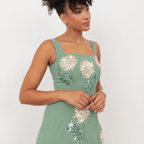 Maya Dark Sage Green Floral Embellished Square Neck Midaxi Dress with Split