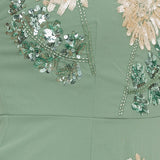 Maya Dark Sage Green Floral Embellished Square Neck Midaxi Dress with Split