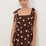 Anaya With Love Recycled Brown Polka Dot Tie-Shoulder Tiered Maxi Dress