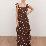 Anaya With Love Recycled Brown Polka Dot Tie-Shoulder Tiered Maxi Dress