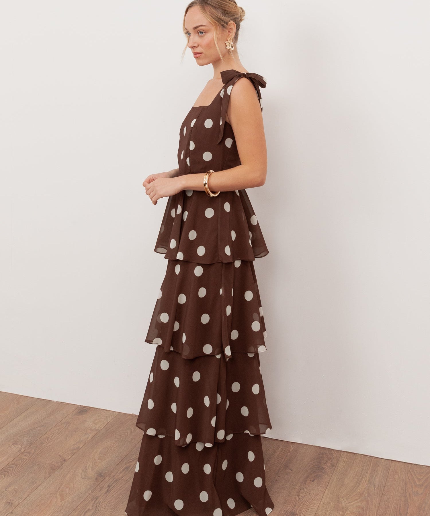Anaya With Love Recycled Brown Polka Dot Tie-Shoulder Tiered Maxi Dress