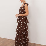 Anaya With Love Recycled Brown Polka Dot Tie-Shoulder Tiered Maxi Dress