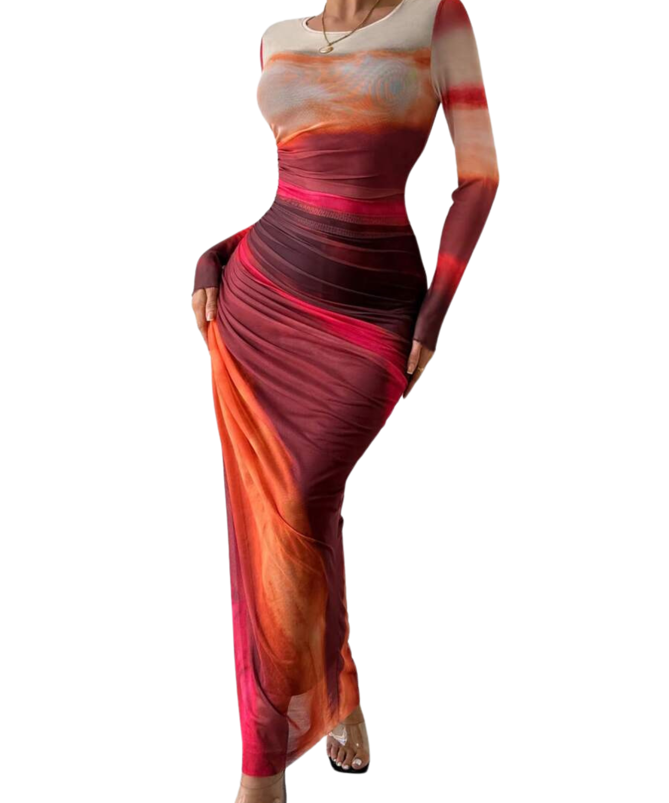TESSIE™ - Women's All-Over Print Ruched Bodycon Dress Long Sleeve Round Neck Dress for Party