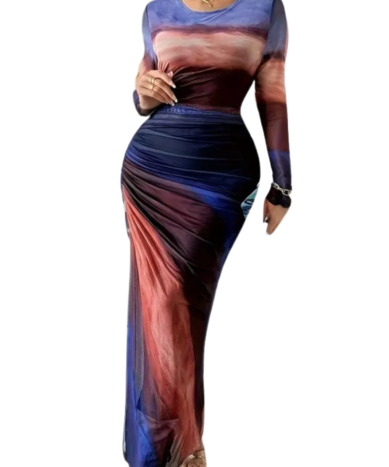 TESSIE™ - Women's All-Over Print Ruched Bodycon Dress Long Sleeve Round Neck Dress for Party
