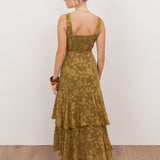 Anaya With Love Recycled Golden Olive Floral Burnout Square Neck Tiered Midaxi Dress