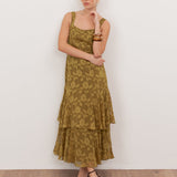 Anaya With Love Recycled Golden Olive Floral Burnout Square Neck Tiered Midaxi Dress
