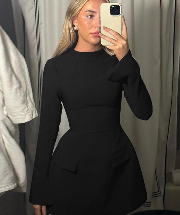 HAZEL™ - Chic A-Line Dress with Stand Collar and Long Sleeves
