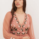 Maya Terracotta Pink Embroidered Faux Wrap Maxi Sleeve Midaxi Dress