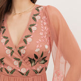 Maya Terracotta Pink Embroidered Faux Wrap Maxi Sleeve Midaxi Dress