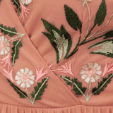 Maya Terracotta Pink Embroidered Faux Wrap Maxi Sleeve Midaxi Dress