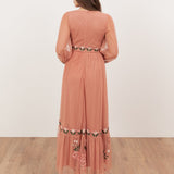 Maya Terracotta Pink Embroidered Faux Wrap Maxi Sleeve Midaxi Dress