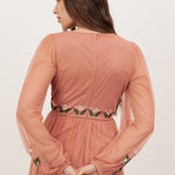 Maya Terracotta Pink Embroidered Faux Wrap Maxi Sleeve Midaxi Dress