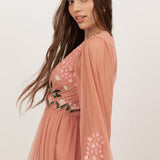 Maya Terracotta Pink Embroidered Faux Wrap Maxi Sleeve Midaxi Dress