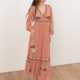 Maya Terracotta Pink Embroidered Faux Wrap Maxi Sleeve Midaxi Dress