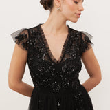 Maya Black Embellished Tulle Maxi Dress with Open Back