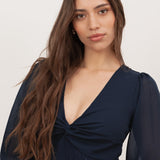 Maya Navy Floral Embellished Twist-Front Maxi Sleeve Tiered Midaxi Dress