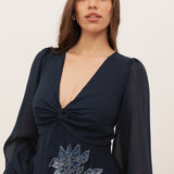 Maya Navy Floral Embellished Twist-Front Maxi Sleeve Tiered Midaxi Dress
