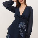 Maya Navy Floral Embellished Twist-Front Maxi Sleeve Tiered Midaxi Dress
