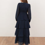 Maya Navy Floral Embellished Twist-Front Maxi Sleeve Tiered Midaxi Dress
