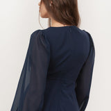 Maya Navy Floral Embellished Twist-Front Maxi Sleeve Tiered Midaxi Dress