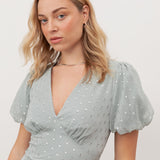 Anaya With Love Recycled Cloud Blue Short Sleeve V Neck Ruffle Maxi Dress
