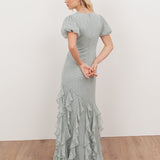 Anaya With Love Recycled Cloud Blue Short Sleeve V Neck Ruffle Maxi Dress