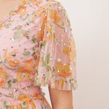Anaya With Love Recycled Pink Floral & Sequin V Neck Frill Maxi Dress