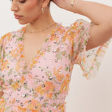 Anaya With Love Recycled Pink Floral & Sequin V Neck Frill Maxi Dress