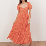 Anaya With Love Recycled Coral Floral Burnout Sweetheart Neck Puff Sleeve Midaxi Dress