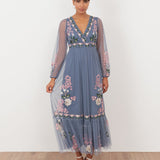 Maya Infinity Blue Embroidered Faux Wrap Maxi Sleeve Midaxi Dress