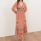 Maya Terracotta Pink Embroidered Faux Wrap Maxi Sleeve Midaxi Dress