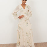 Maya Vanilla Embellished Maxi Sleeve Ruffle Maxi Dress