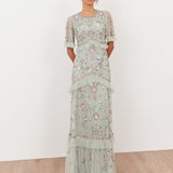 Maya Sage Green Embellished Short Sleeve Spot Mesh Maxi Dress